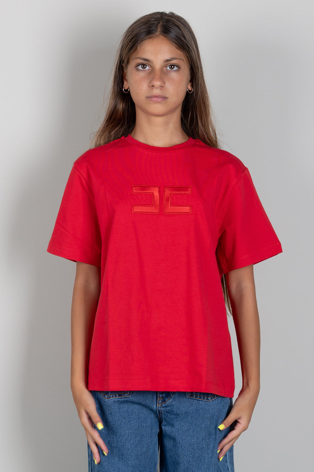 Elisabetta Franchi Bambina T-shirt Rossa con Maxi Logo Tono Su Tono EFTS265CJE018.3028