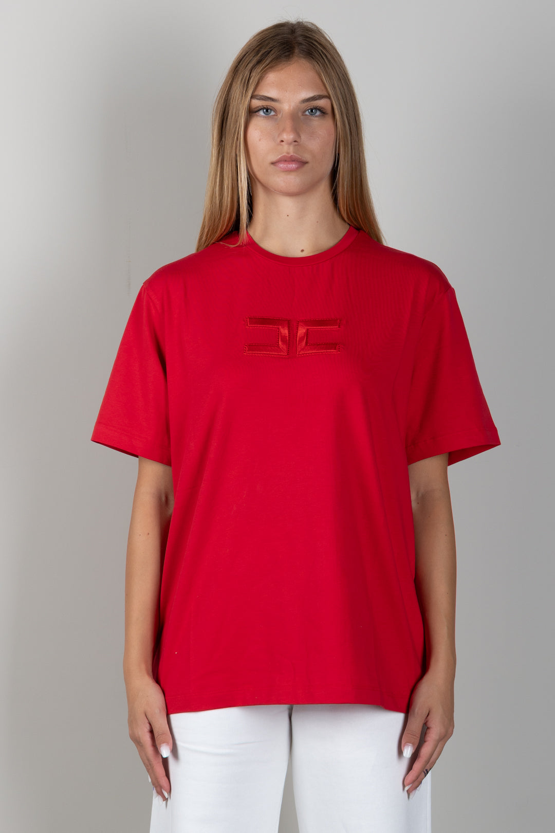 Elisabetta Franchi Bambina T-shirt Rossa con Maxi Logo Tono Su Tono EFTS265CJE018.3028
