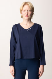 Elisabetta Franchi T-shirt a Maniche Lunghe con Logo MA03751E2 OLTREMARE