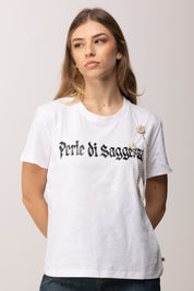 Meme Road T-shirt con Lettering e Accessorio con Perle M3221M BIANCO