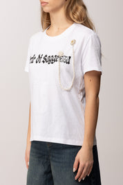 Meme Road T-shirt con Lettering e Accessorio con Perle M3221M BIANCO
