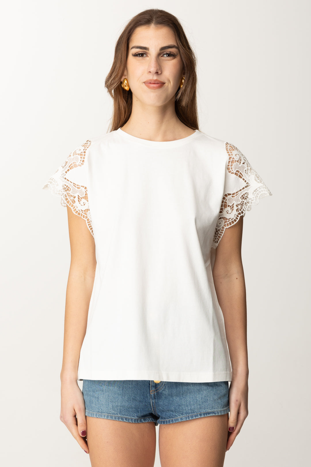 Twin-set Woman T-shirt with Lace Sleeves and Fluid Cut