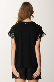 Twin-set T-shirt con Maniche In Pizzo e Taglio Fluido 251TP2290 NERO