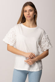 Twin-set T-shirt con Maniche In Tulle con Fiori 261AP2233 OFF WHITE