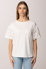 Twin-set T-shirt con Maniche In Tulle con Fiori 261AP2233 OFF WHITE
