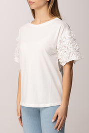 Twin-set T-shirt con Maniche In Tulle con Fiori 261AP2233 OFF WHITE