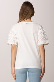 Twin-set T-shirt con Maniche In Tulle con Fiori 261AP2233 OFF WHITE