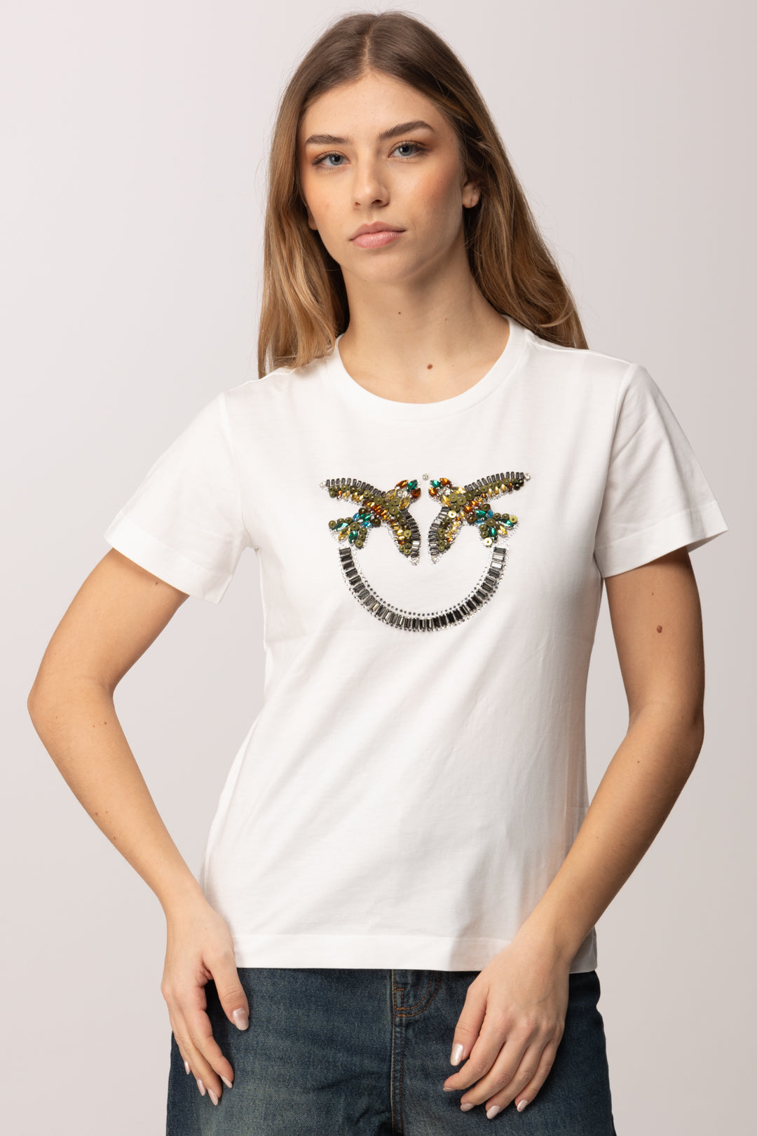 Pinko T-shirt con Maxi Logo Love Birds In Castoni 100535 A33F BIANCO-BIANCANEVE