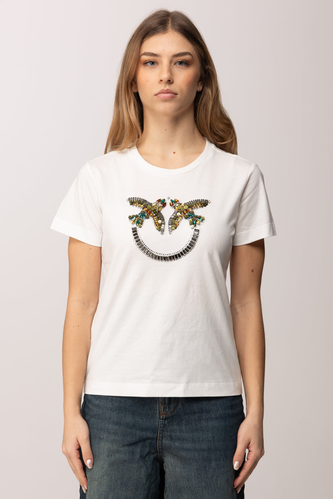 Pinko T-shirt con Maxi Logo Love Birds In Castoni 100535 A33F BIANCO-BIANCANEVE