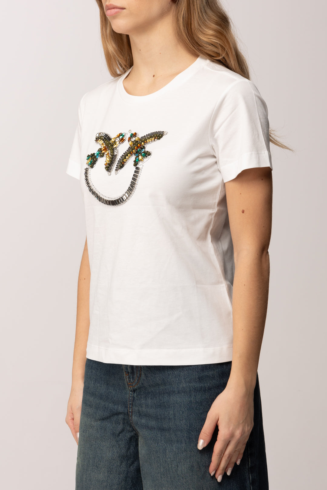 Pinko T-shirt con Maxi Logo Love Birds In Castoni 100535 A33F BIANCO-BIANCANEVE