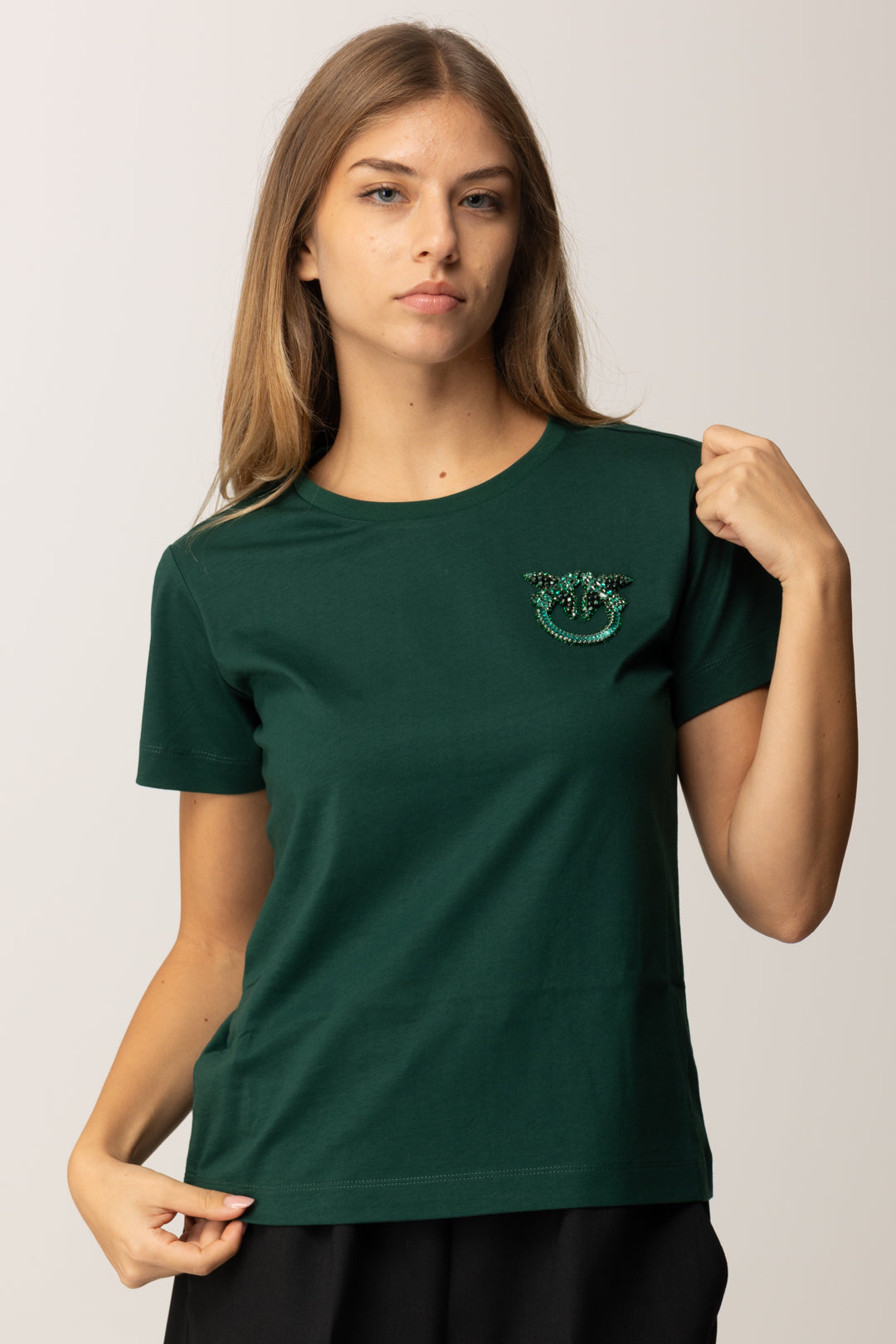 Pinko T-shirt con Mini Ricamo Logo Love Birds VERDE VENA