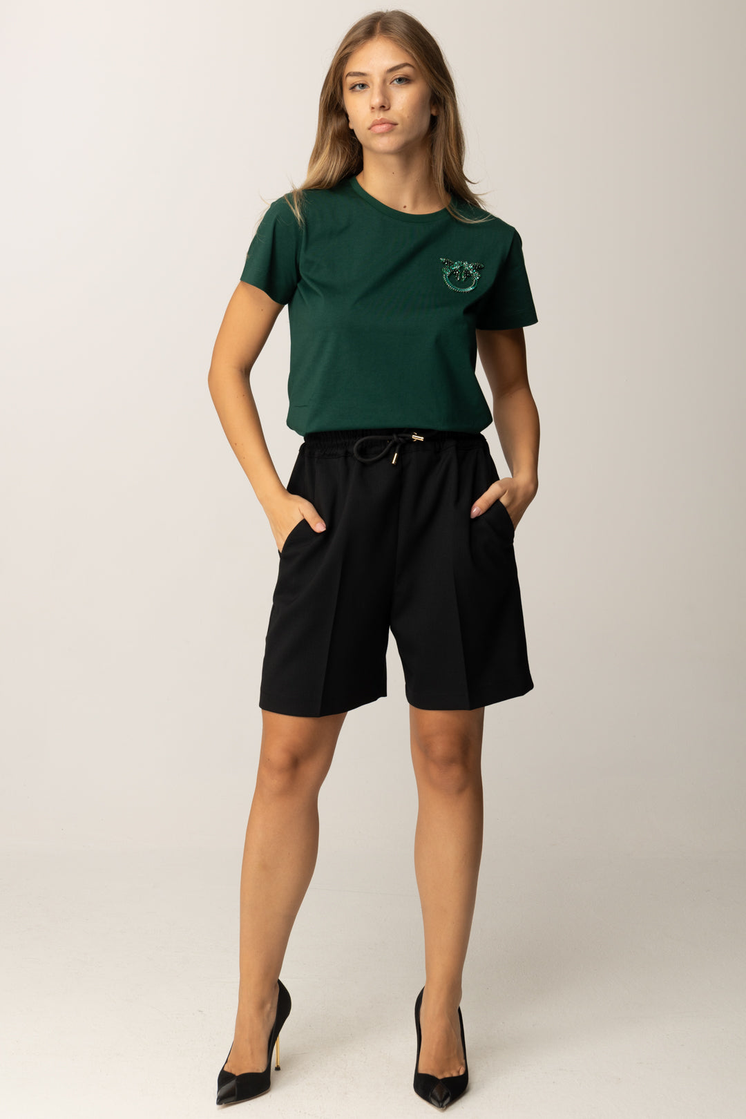 Pinko T-shirt con Mini Ricamo Logo Love Birds VERDE VENA