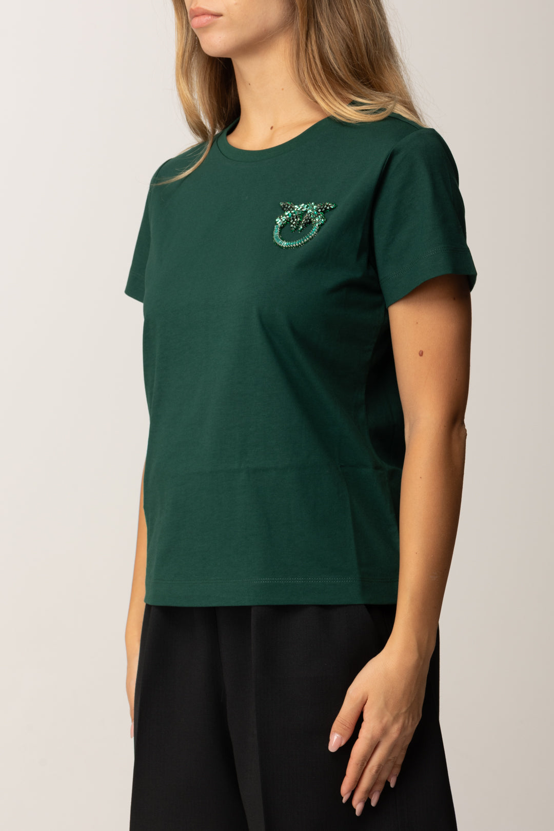 Pinko T-shirt con Mini Ricamo Logo Love Birds VERDE VENA