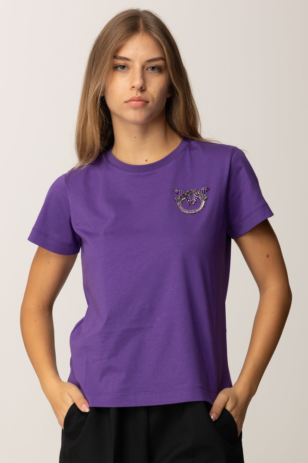Pinko T-shirt con Mini Ricamo Logo Love Birds VIOLA REALE