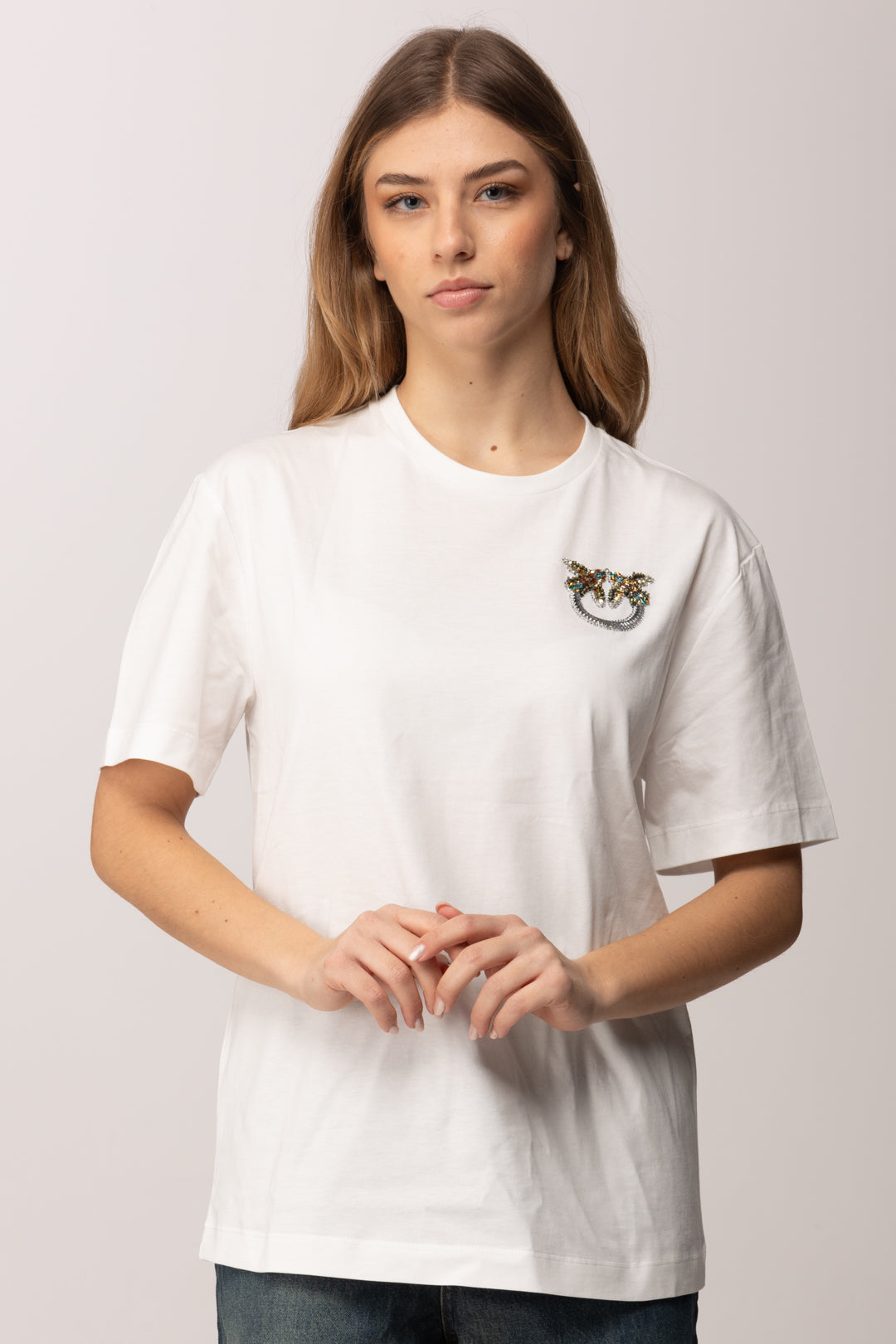 Pinko T-shirt con Ricamo Logo Love Birds Mini In Cristalli 105526 A33F BIANCO-BIANCANEVE