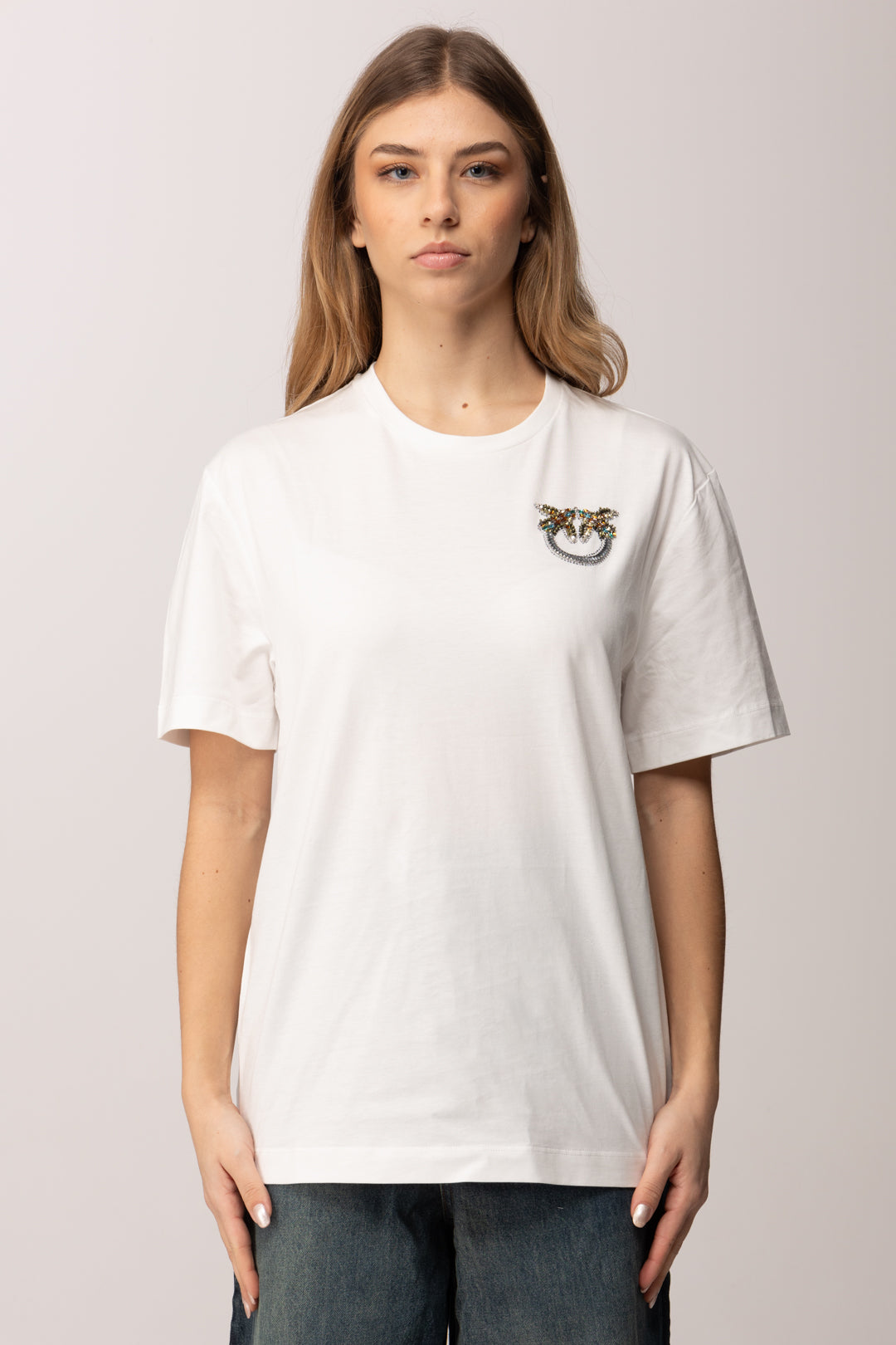 Pinko T-shirt con Ricamo Logo Love Birds Mini In Cristalli 105526 A33F BIANCO-BIANCANEVE