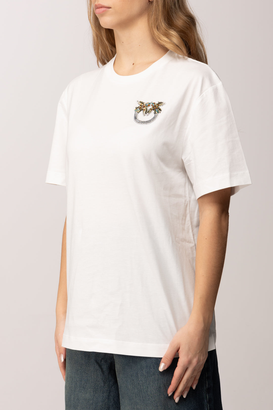 Pinko T-shirt con Ricamo Logo Love Birds Mini In Cristalli 105526 A33F BIANCO-BIANCANEVE