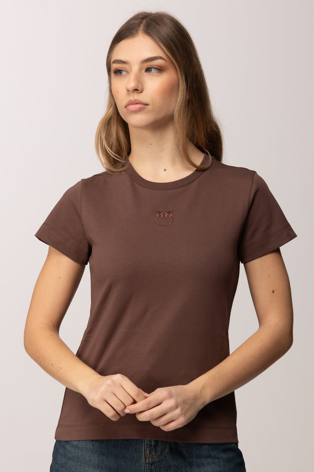 Pinko T-shirt con Ricamo Love Birds 100355 A339 MARRONE TERRA X PIANTE