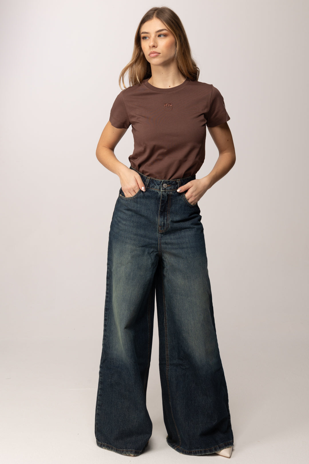 Pinko T-shirt con Ricamo Love Birds 100355 A339 MARRONE TERRA X PIANTE