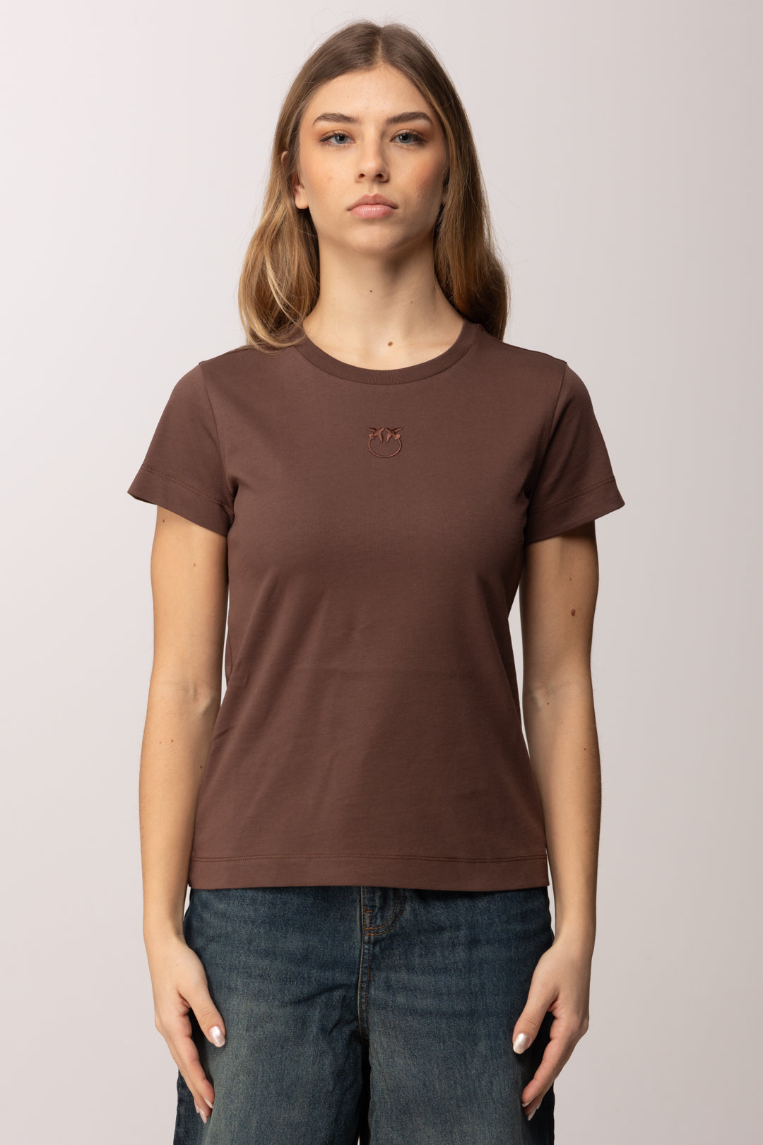 Pinko T-shirt con Ricamo Love Birds 100355 A339 MARRONE TERRA X PIANTE