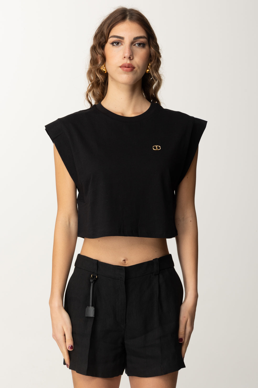 Twin-set T-shirt Cropped con Logo In Strass 251TT2043 NERO