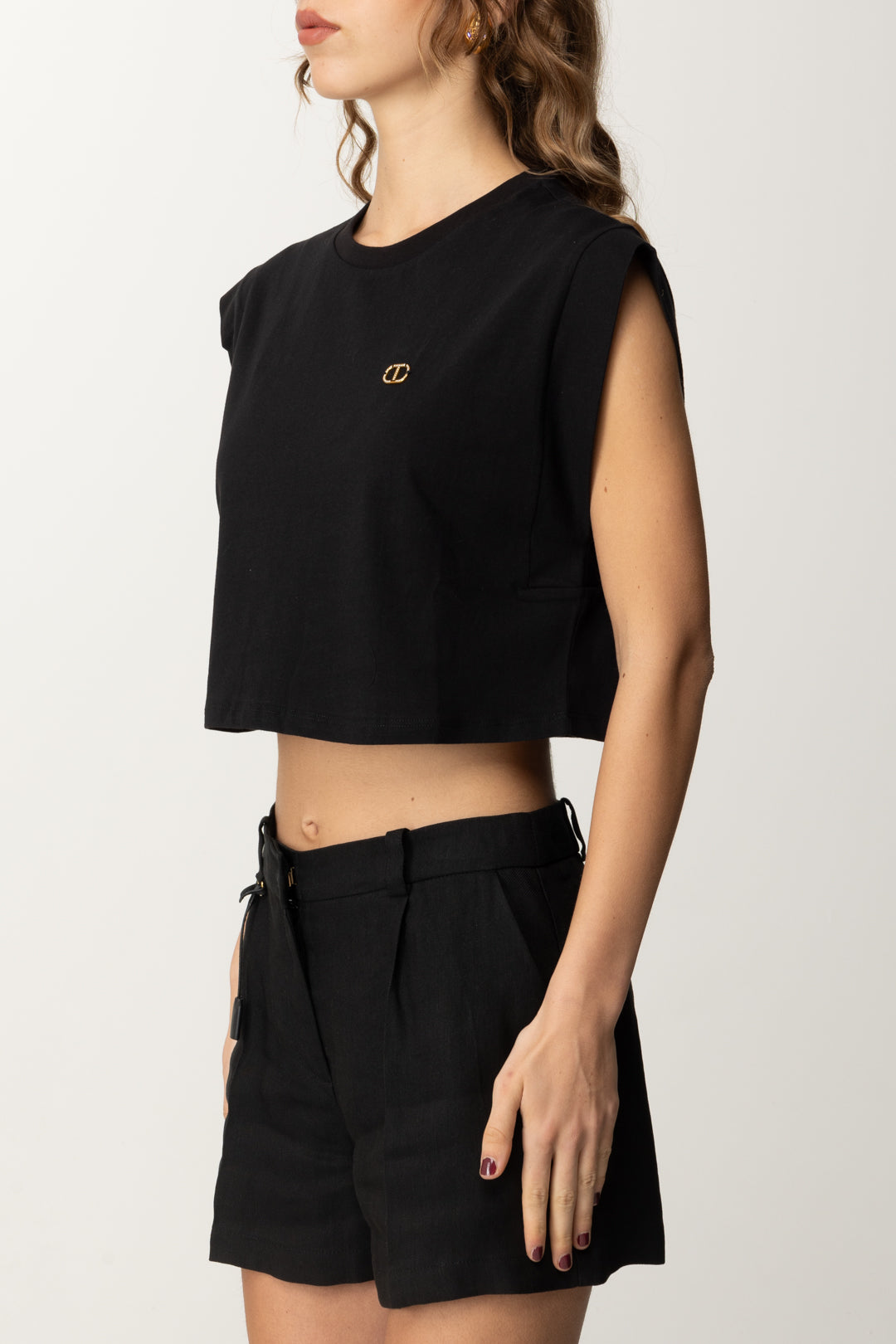 Twin-set T-shirt Cropped con Logo In Strass 251TT2043 NERO
