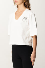 Pinko T-shirt Cropped con Scollo a V 104606 A2D0 BIANCO-BIANCANEVE