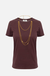 Elisabetta Franchi T-shirt Girocollo con Collana Multifilo MA00956E2 MERLOT
