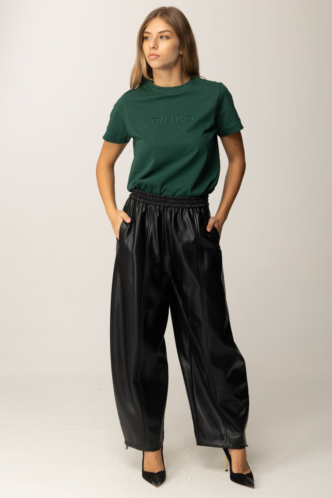 Pinko T-shirt Girocollo con Logo Lettering In Tinta VERDE VENA