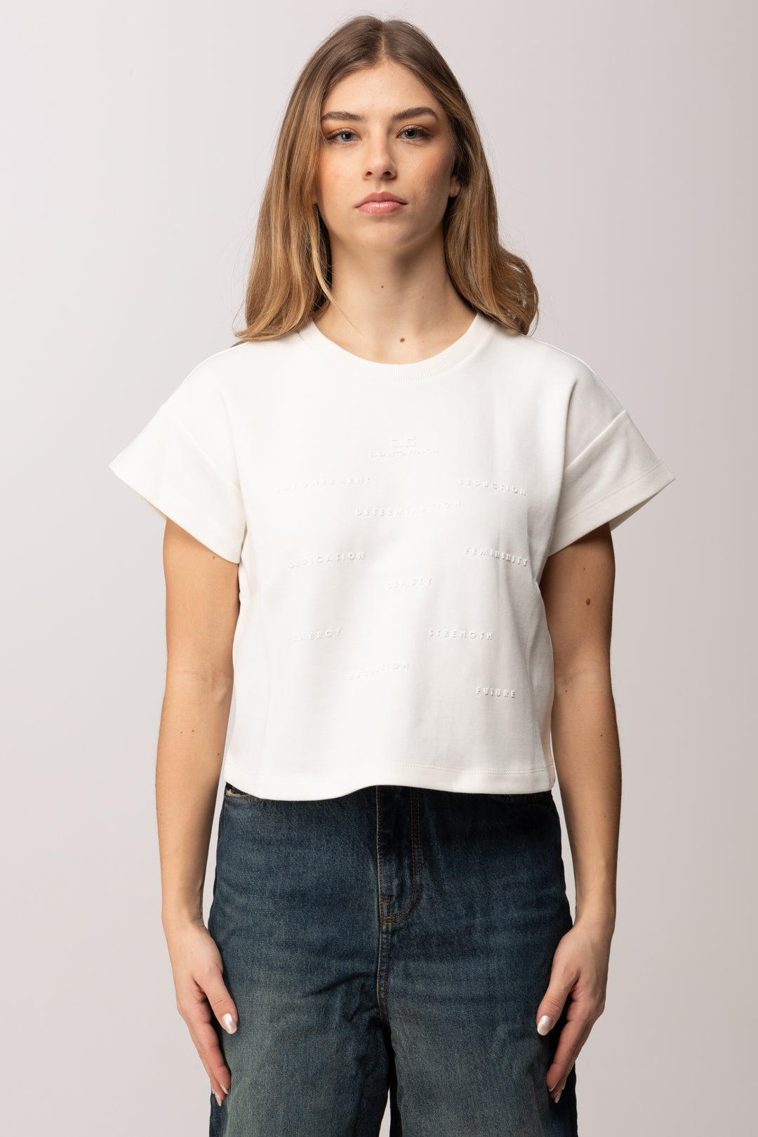 Elisabetta Franchi T-shirt In Jersey con Lettering In Rilievo MA73D61E2 GESSO