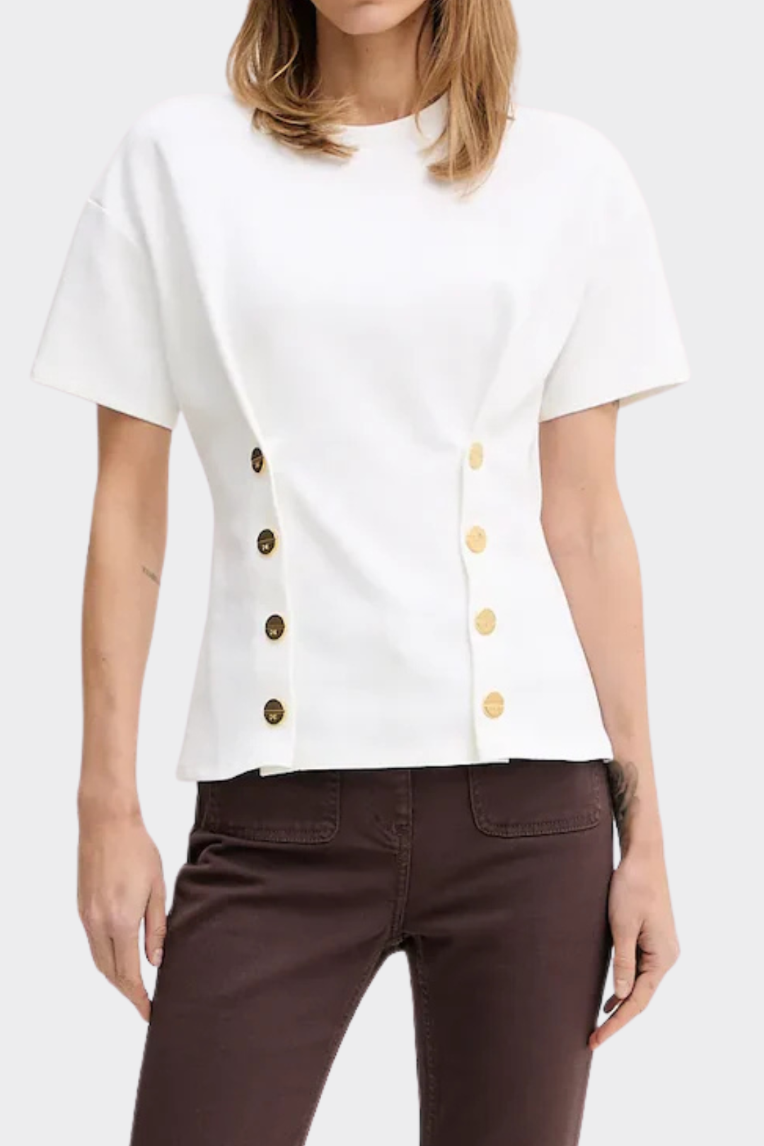 Elisabetta Franchi T-shirt In Maglia con Bottoni Decorativi MA00461E2 GESSO