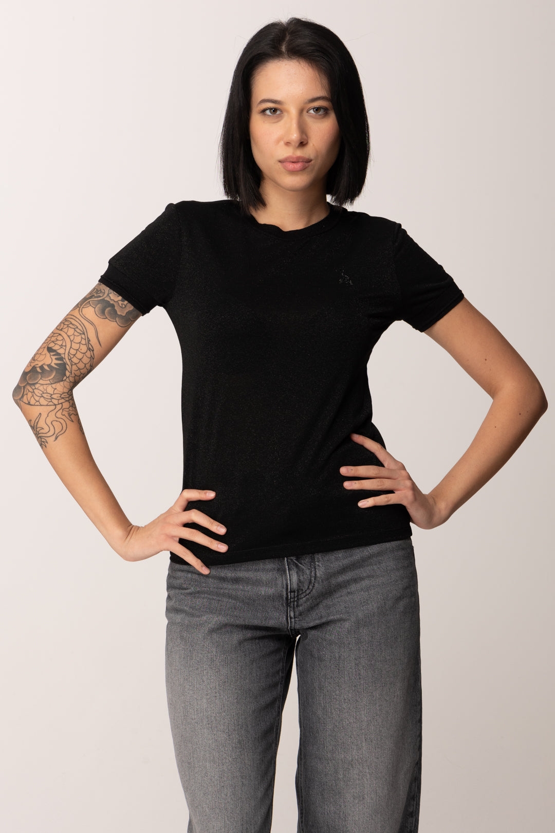 Patrizia Pepe T-shirt In Maglia con Logo Strass 8K0278 K128 BLACK LUREX FLY