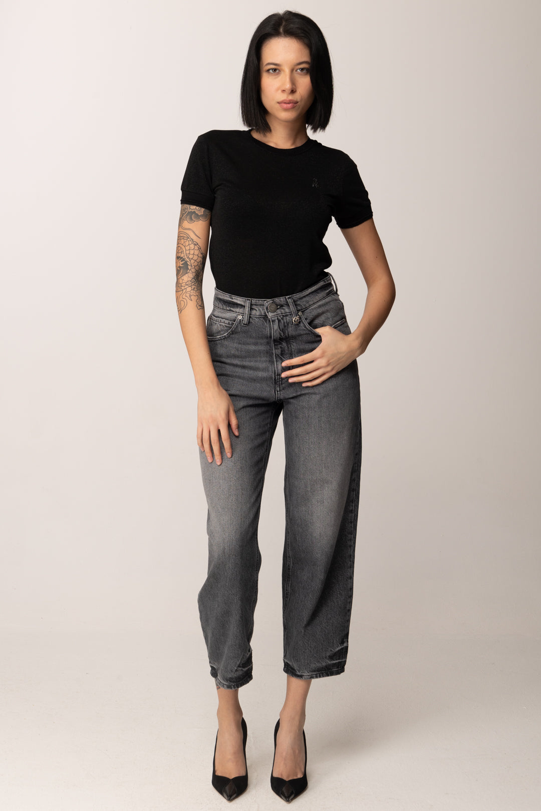 Patrizia Pepe T-shirt In Maglia con Logo Strass 8K0278 K128 BLACK LUREX FLY