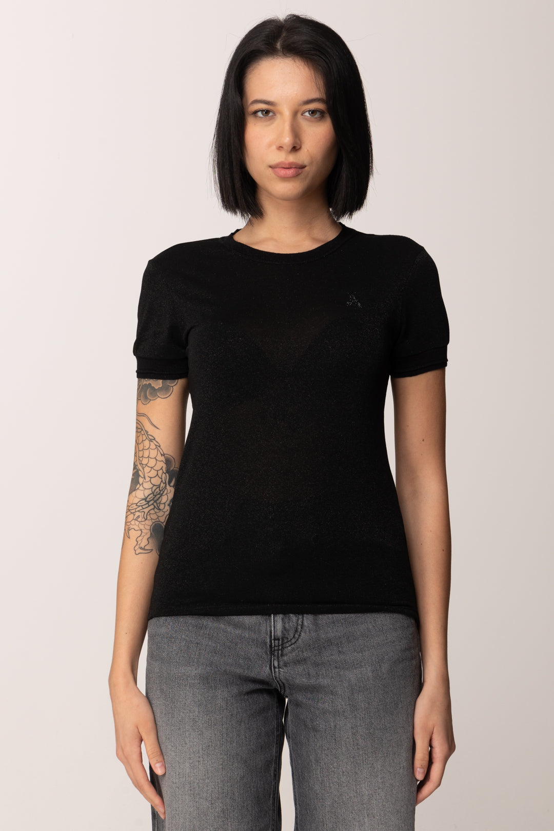 Patrizia Pepe T-shirt In Maglia con Logo Strass 8K0278 K128 BLACK LUREX FLY