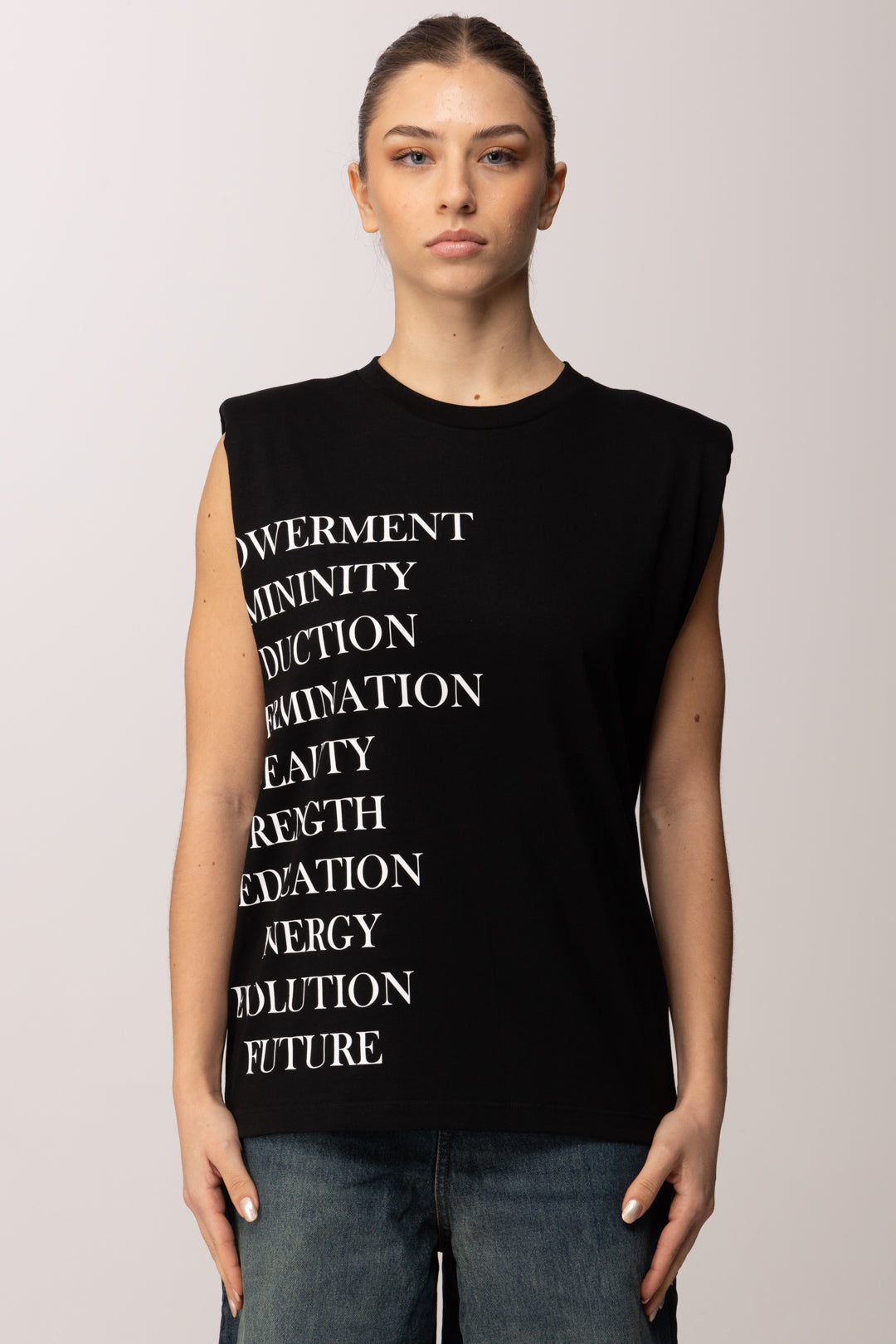 Elisabetta Franchi T-shirt Spalle Imbottite e Stampa Lettering MA70P61E2 NERO