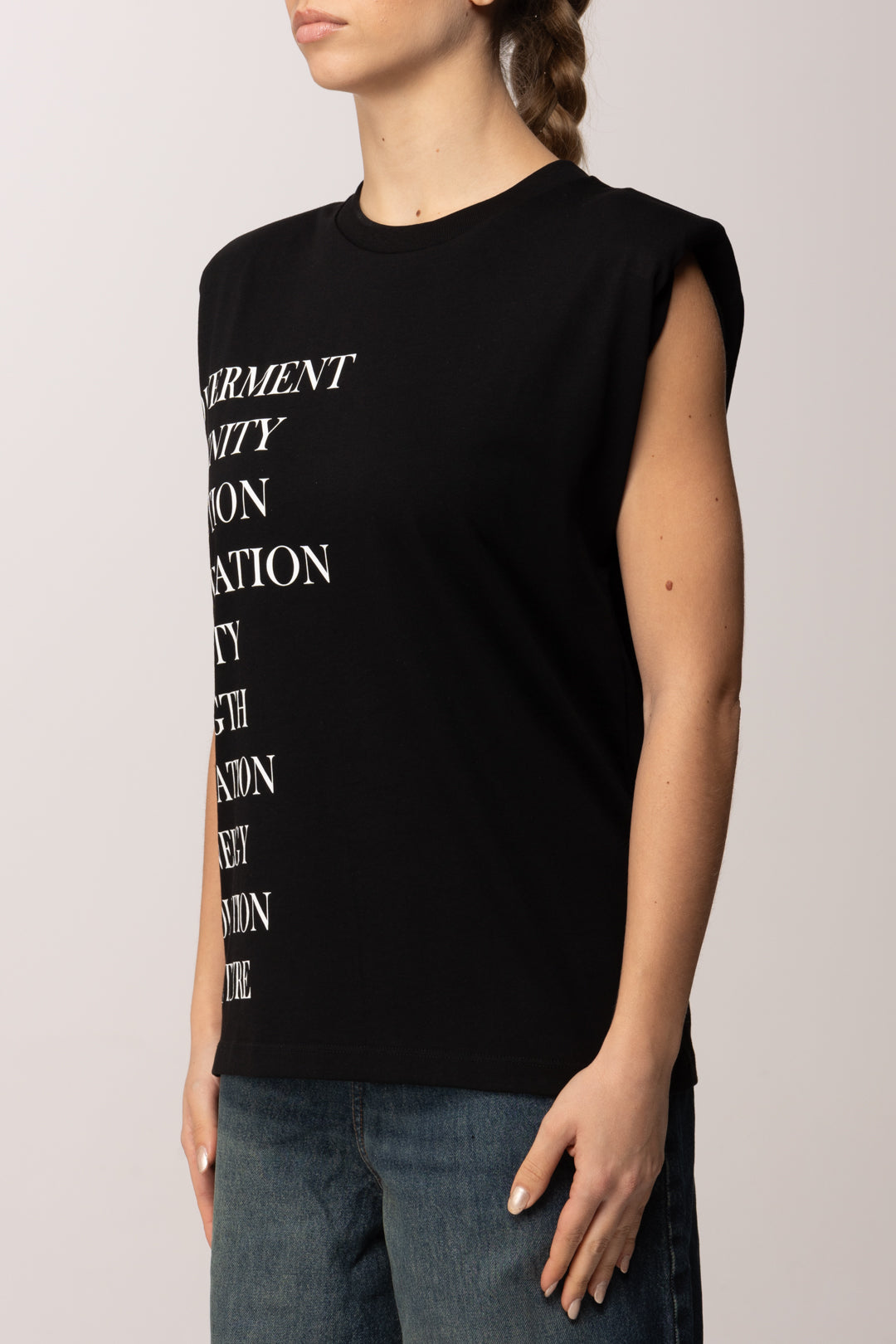 Elisabetta Franchi T-shirt Spalle Imbottite e Stampa Lettering MA70P61E2 NERO