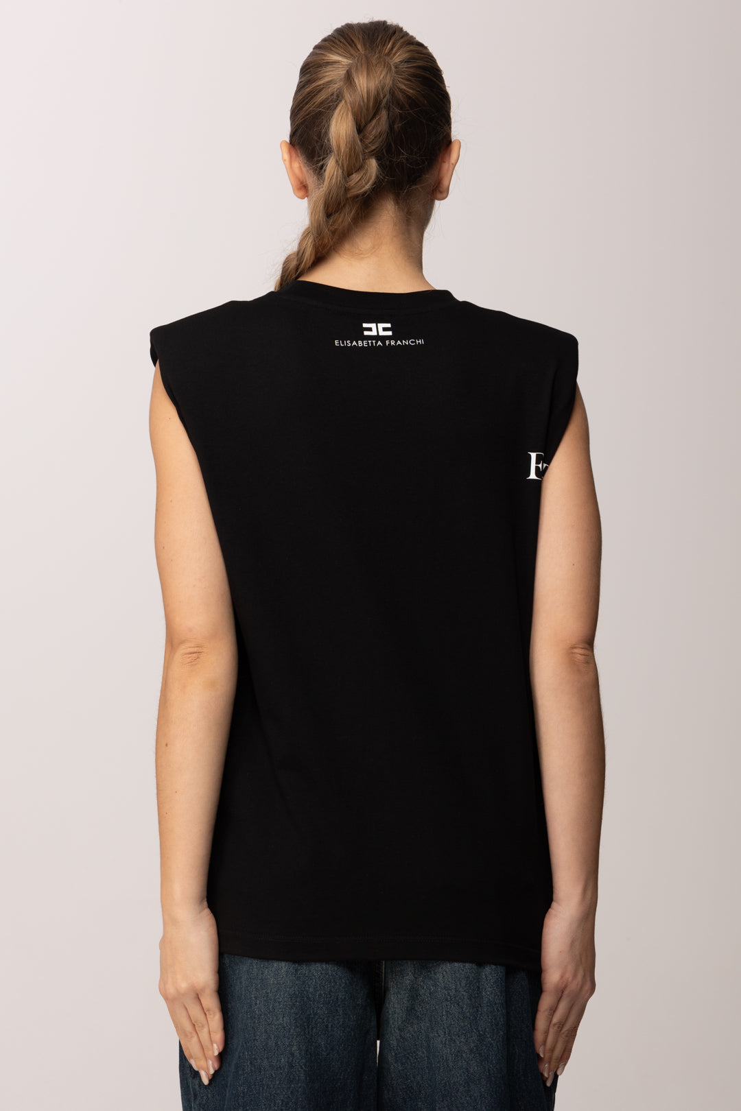 Elisabetta Franchi T-shirt Spalle Imbottite e Stampa Lettering MA70P61E2 NERO