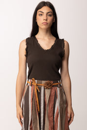 Khloe Femme Top a Costine con Bordi Sfrangiati 61269 CACAO