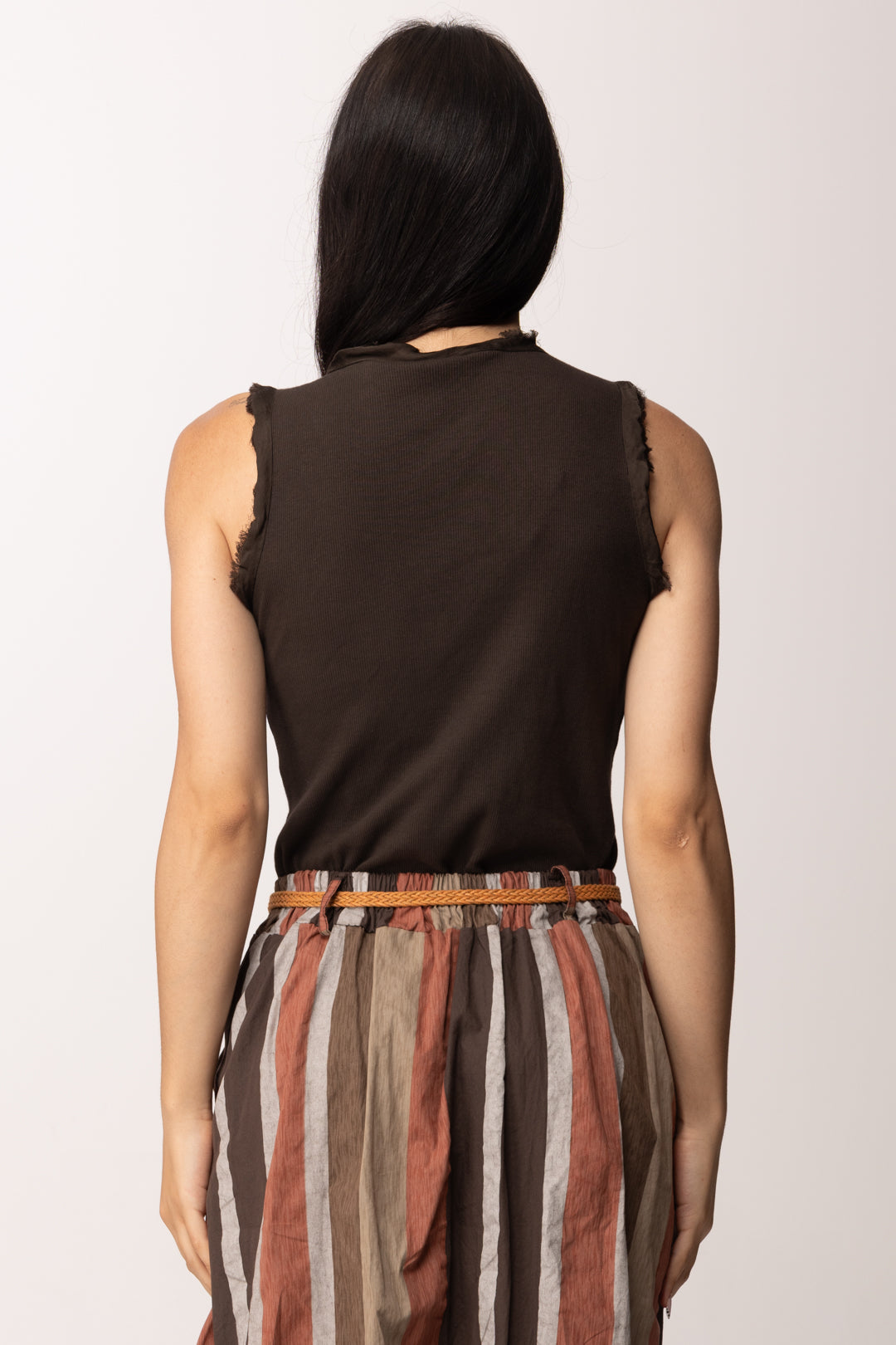 Khloe Femme Top a Costine con Bordi Sfrangiati 61269 CACAO