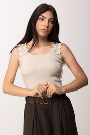 Khloe Femme Top a Costine con Spalline In Pizzo Floreale 61268 BEIGE