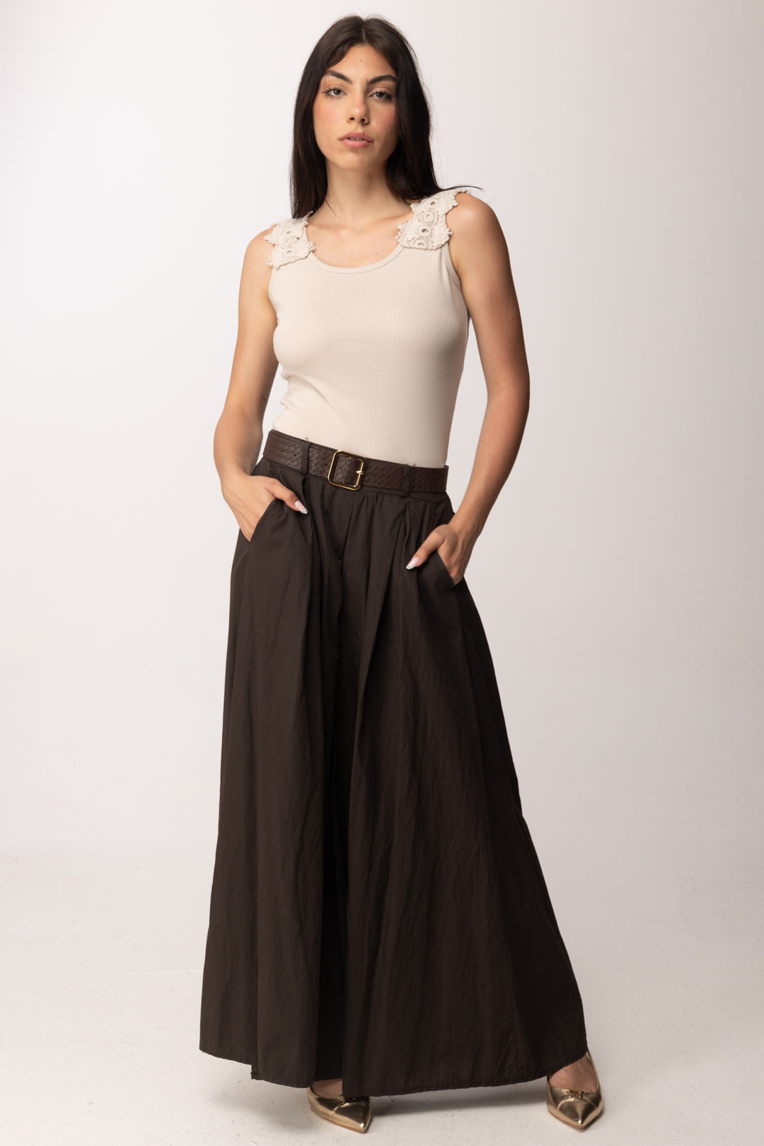 Khloe Femme Top a Costine con Spalline In Pizzo Floreale 61268 BEIGE