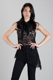 Manila Grace Top Asimmetrico In Pizzo con Fiocco Y149PU METEORITE :AI26
