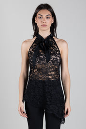 Manila Grace Top Asimmetrico In Pizzo con Fiocco Y149PU METEORITE :AI26