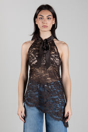 Manila Grace Top Asimmetrico In Pizzo con Fiocco Y149PU POTTING SOIL :AI26