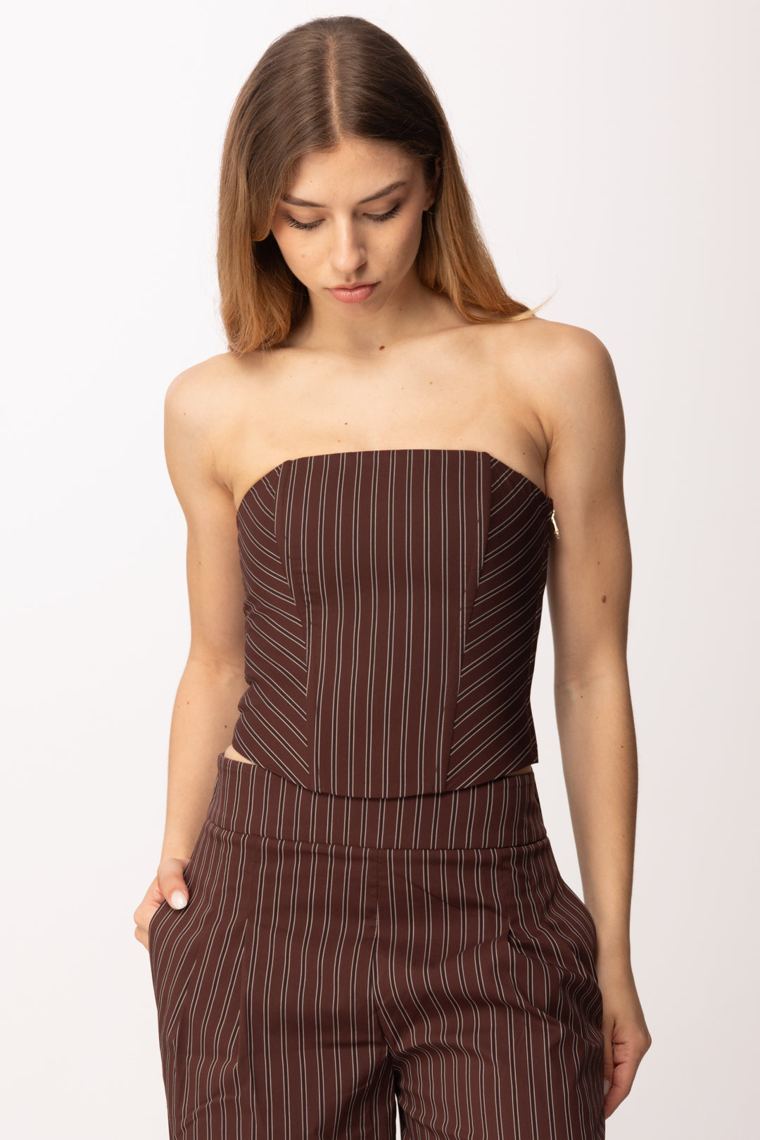 Patrizia Pepe Top Bustier a Righe con Bretelle Rimovibili 2C1736 A552 WOOD BROWN STRIPES