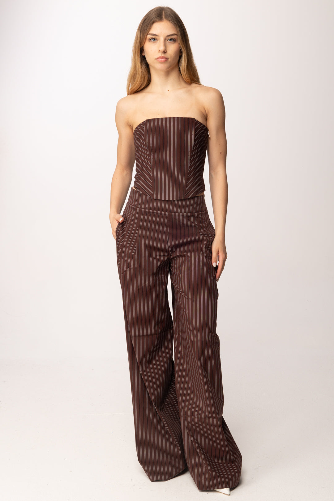 Patrizia Pepe Top Bustier a Righe con Bretelle Rimovibili 2C1736 A552 WOOD BROWN STRIPES