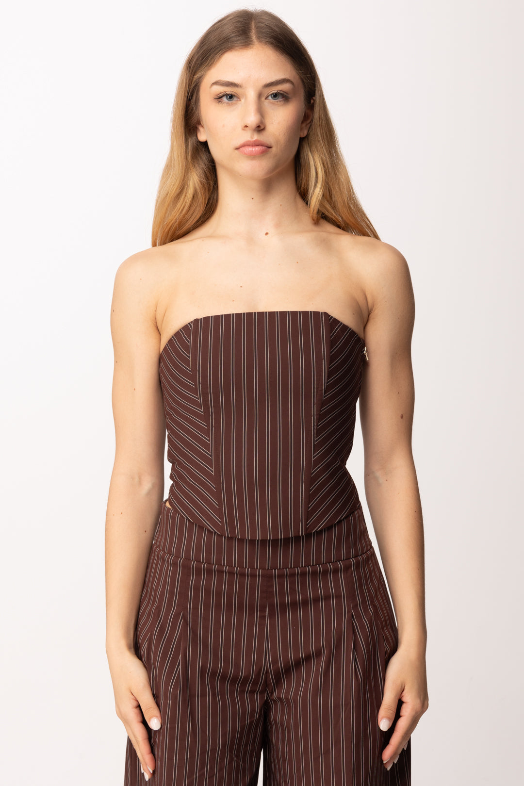 Patrizia Pepe Top Bustier a Righe con Bretelle Rimovibili 2C1736 A552 WOOD BROWN STRIPES