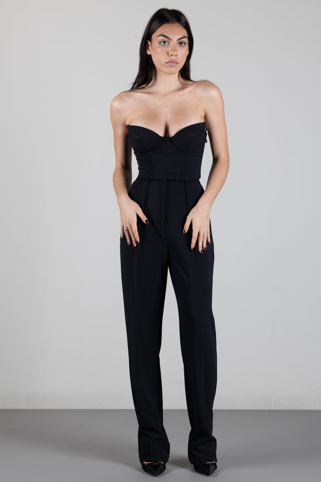 Elisabetta Franchi Top Bustier In Crêpe con Ricamo a Piume TO07067E2 NERO