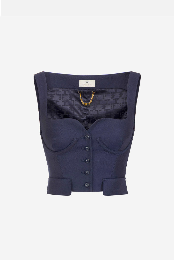 Elisabetta Franchi Top Bustier In Fresco Lana con Scollo a Cuore GL00466E2 BLU NOTTE