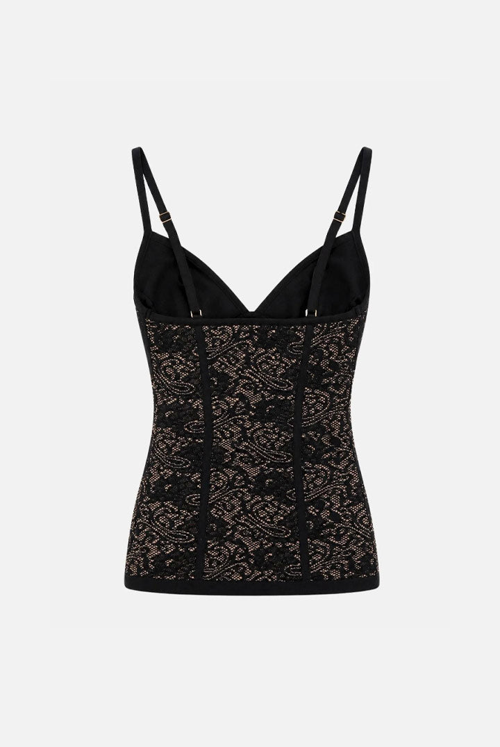 Elisabetta Franchi Top Bustier In Maglia e Pizzo con Scollo a Cuore TK11Q66E2 NERO/PELLE